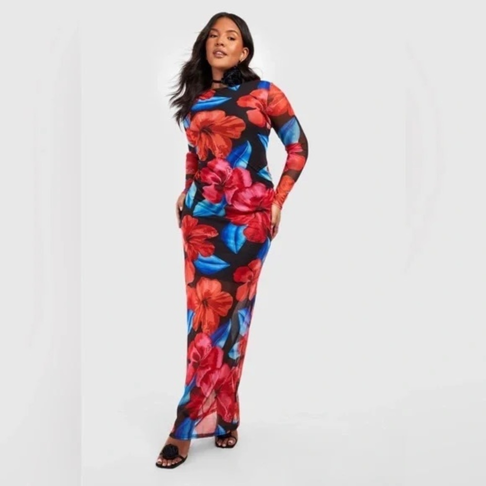 boohoo | Plus Floral Mesh Low Back Maxi Various Sizes Available
